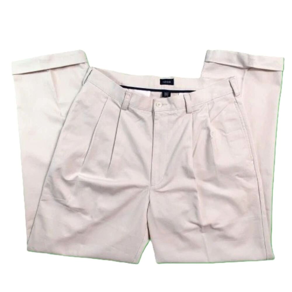 IZOD Men’s Khaki Chino Pants 34x32 Beige Pleated Cotton Dress Casual